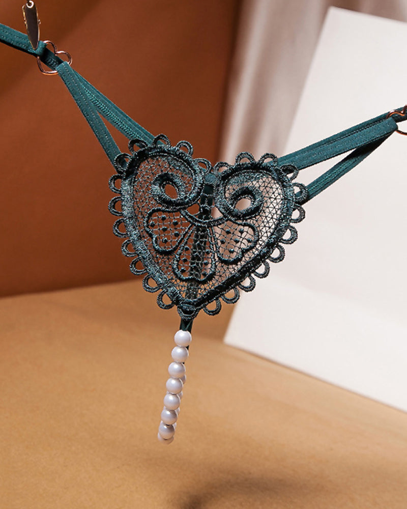 Heart-Shaped Lace Flower Pearl Embellished Thong