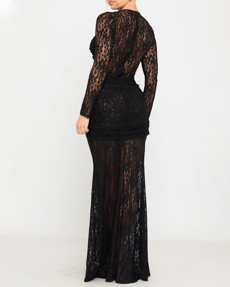 Form-fitting Lace Bodycon Long-sleeved Round Neck Dress