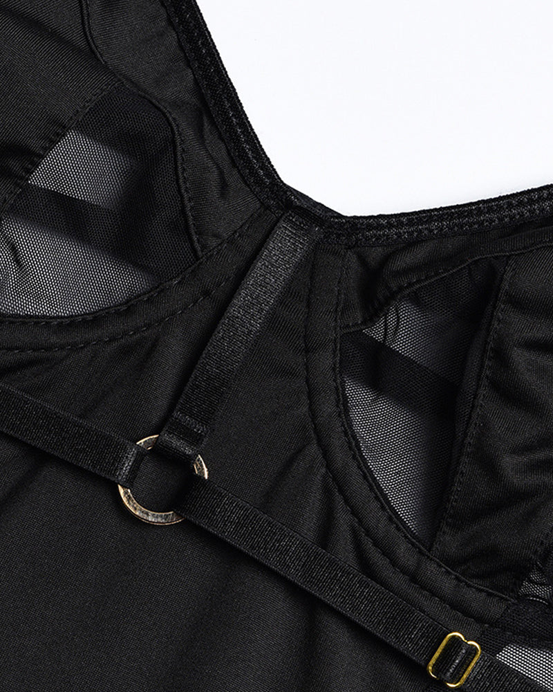 Mesh Splicing Open Back Lace-Up Suspender Bodysuit
