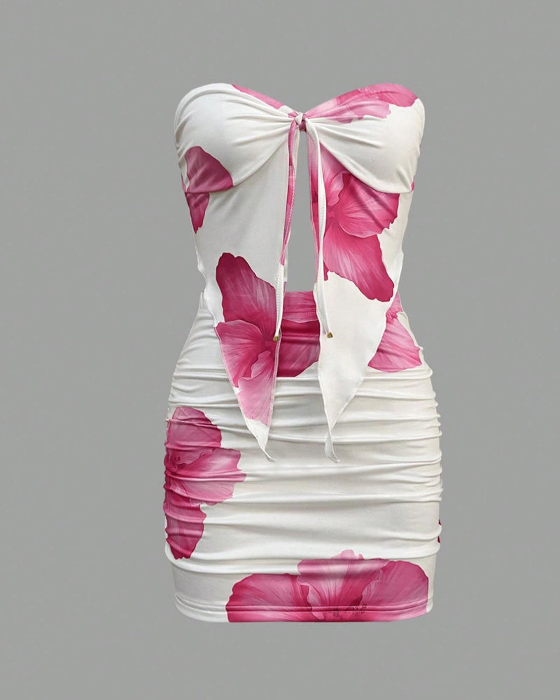 Beach Vacation Floral Print Strapless Top and Tight Skirt Set
