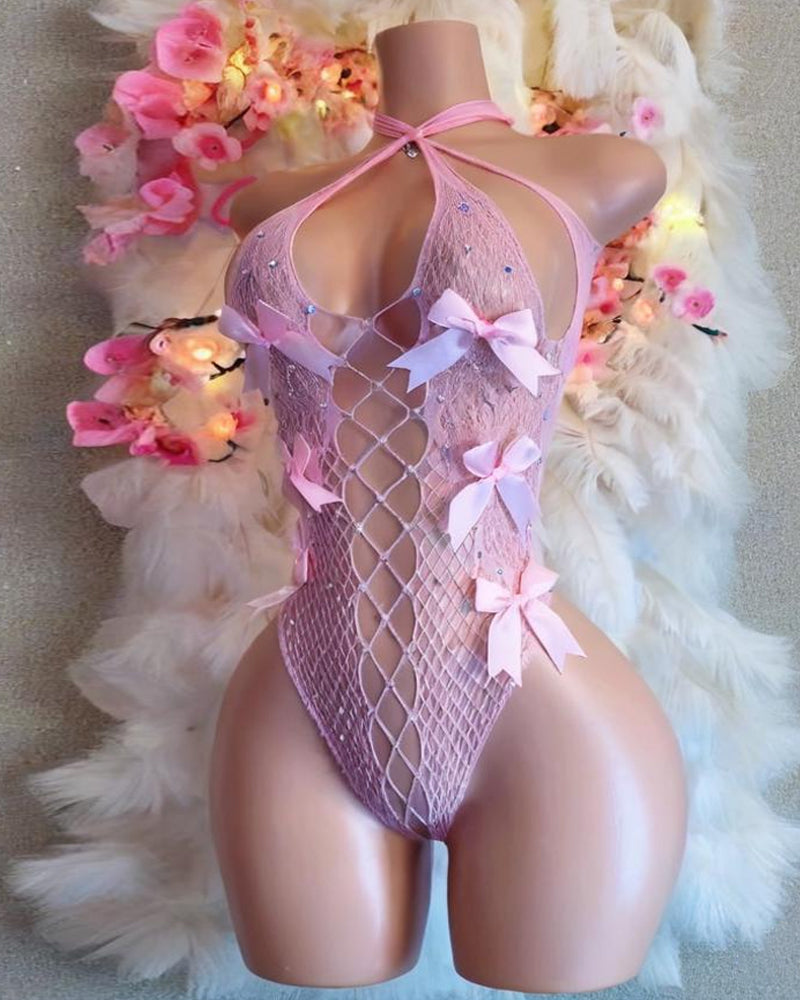 Halter Neck Openwork Mesh Bow-Decorated Bodysuit