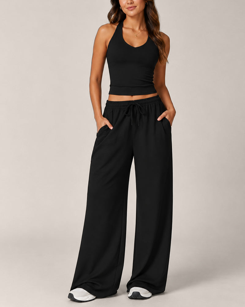 Women's Backless Top and Wide-leg Pants Sports Casual Set