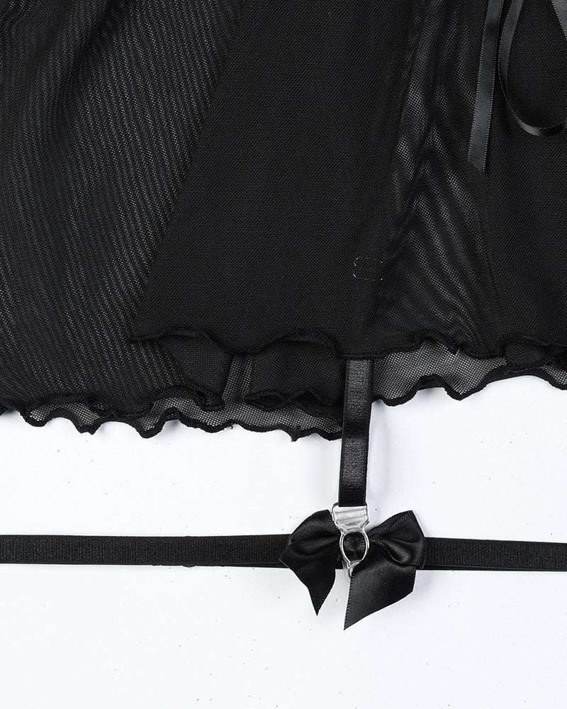 Lace Mesh See-Through Straps Cross Bow Mesh Ruffled Nightdress