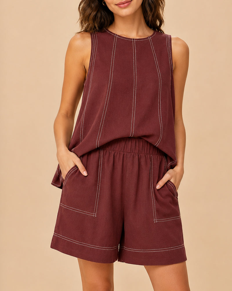 Casual Pure Cotton Sleeveless Vest and High Waist with Pocket Short Suit