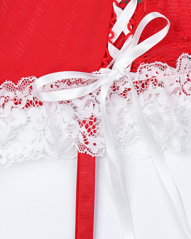 Christmas Lace Mesh Sheer Lingerie Set with Stockings