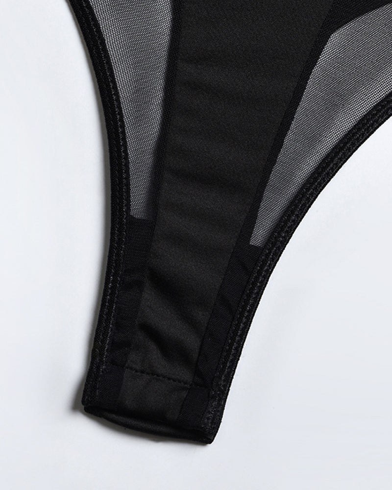 Mesh Splicing Open Back Lace-Up Suspender Bodysuit