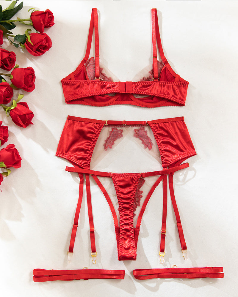 Mesh See-Through Flower Embroidery Push-Up Bra Lingerie Set