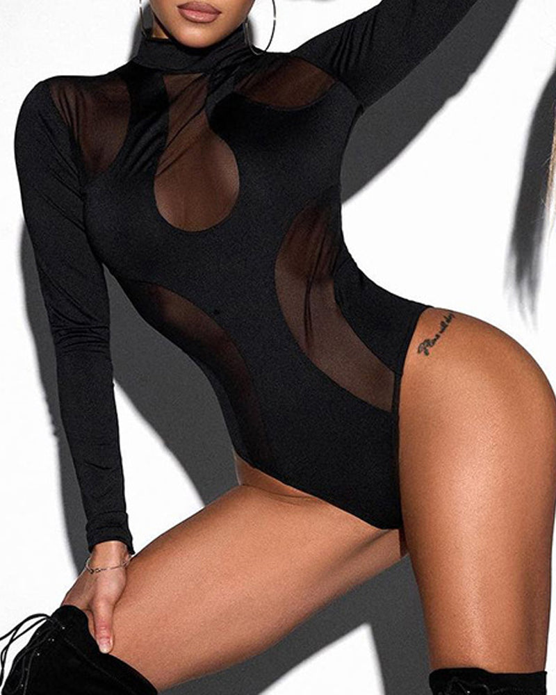 See-through Mesh Patchwork Yight-fitting Waist-cinching Long-sleeved Bodysuit