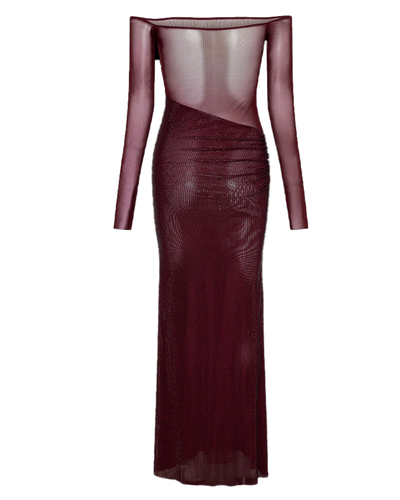 Christmas Sparkly Off-shoulder Fitted Sheer Mesh Long Dress