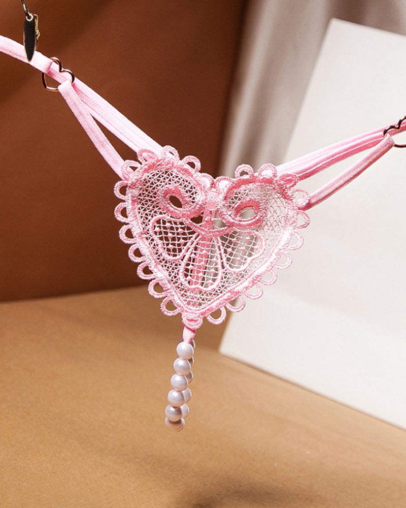Heart-Shaped Lace Flower Pearl Embellished Thong