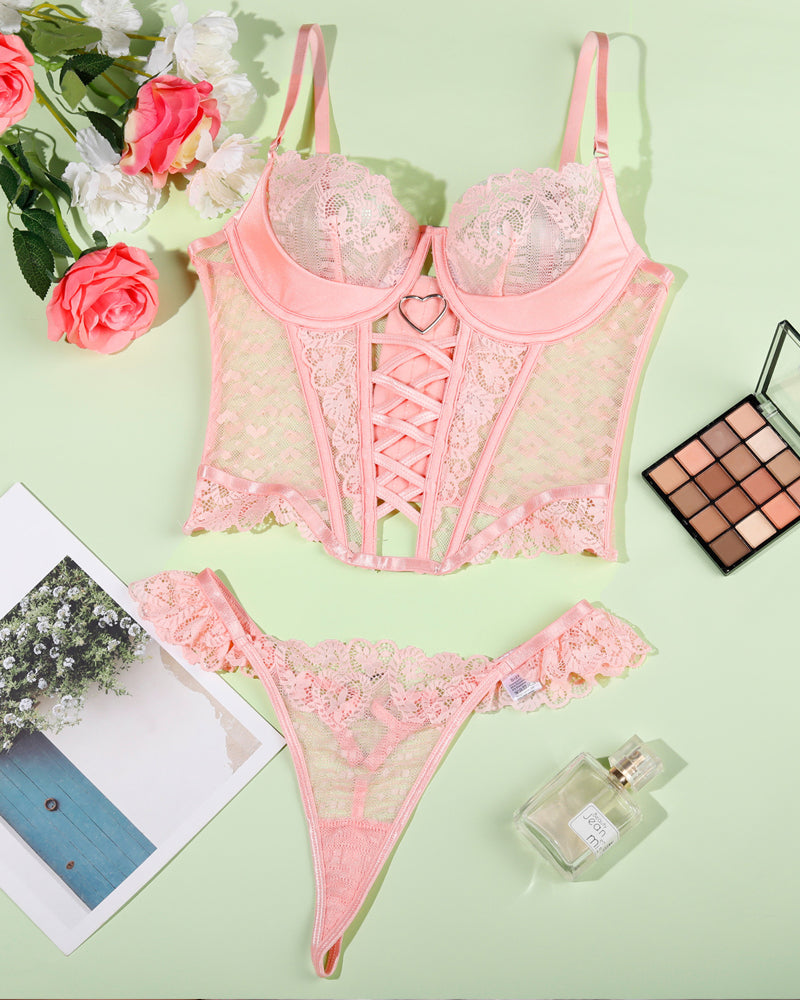Lace See-Through Heart-Shaped Buckle Lingerie Set