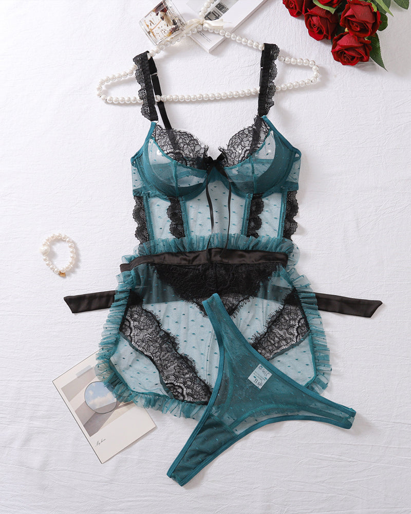 Colorblock Lace See-through Mesh Hollow-out Backless Underwire Lingerie Set