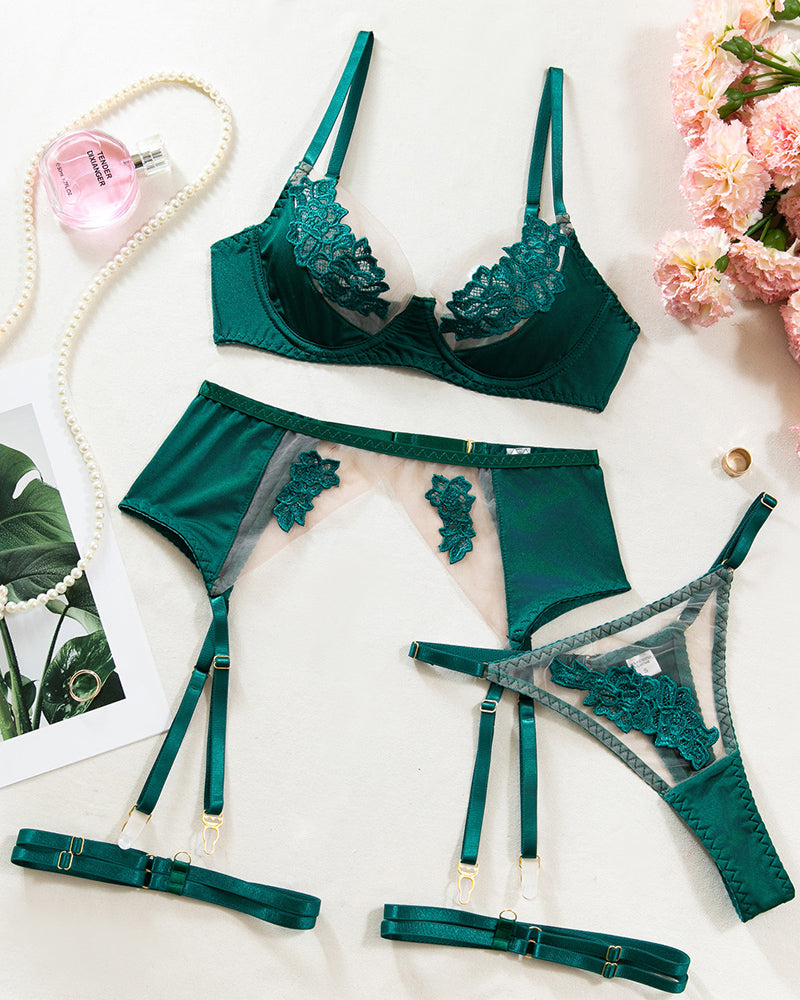 Mesh See-Through Flower Embroidery Push-Up Bra Lingerie Set