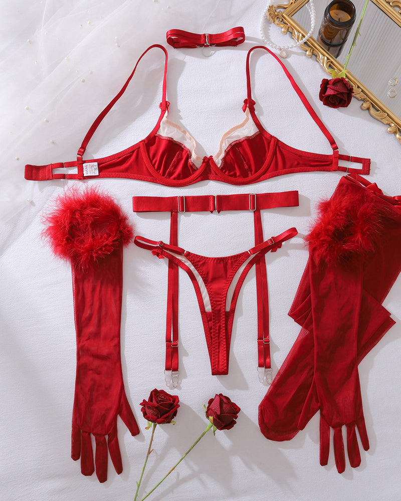 Bowknot Mesh Panel Bra and Panty Set + Gloves + Stockings