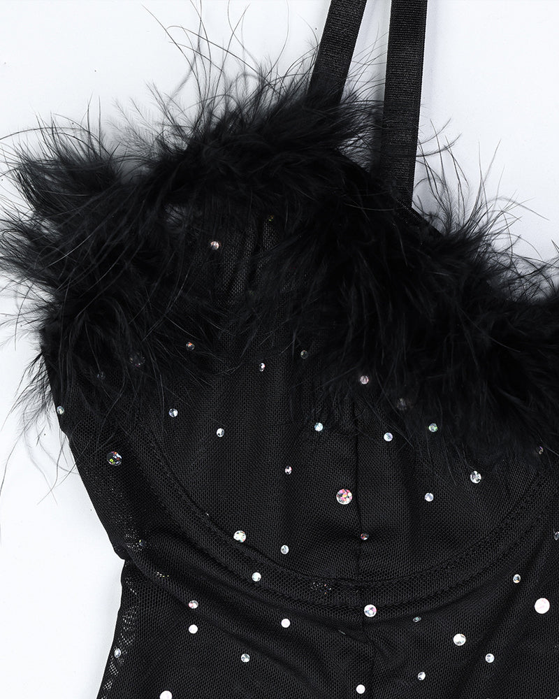 Rhinestone Feather Patchwork See-Through Elastic Mesh Slit Lingerie Nightgown