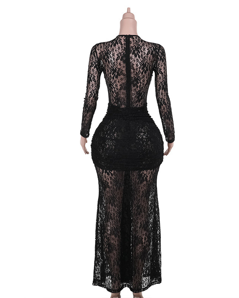 Form-fitting Lace Bodycon Long-sleeved Round Neck Dress