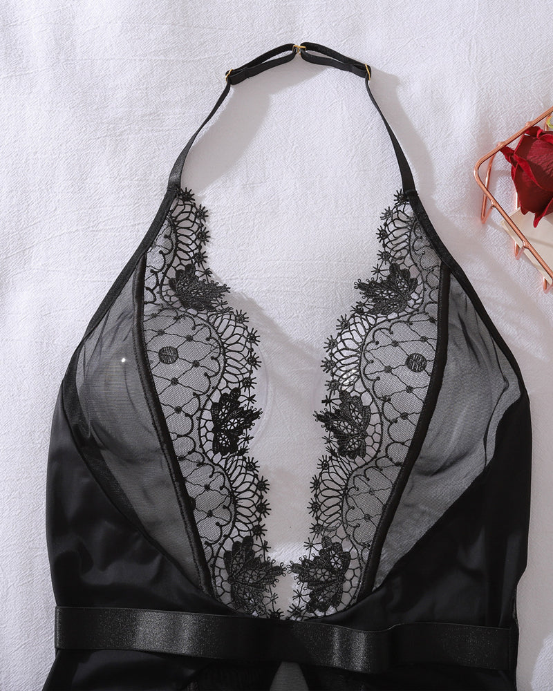 Deep V Halter Neck See-through Lace Bodysuit Lingerie