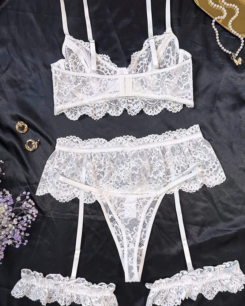 Floral Lace Mesh Underwire Bra Lingerie and Detachable Lace Thigh Garter Belt Set