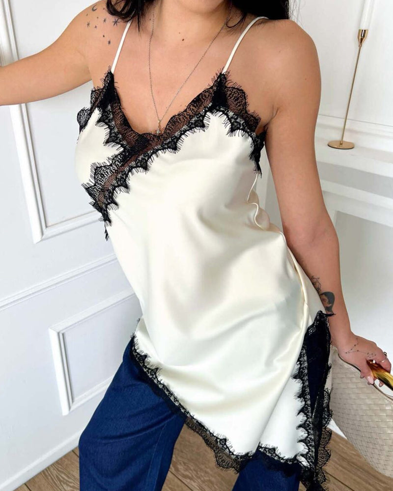 V-neck Ice Silk Lace Patchwork Asymmetrical Casual Suspender Mini Dress