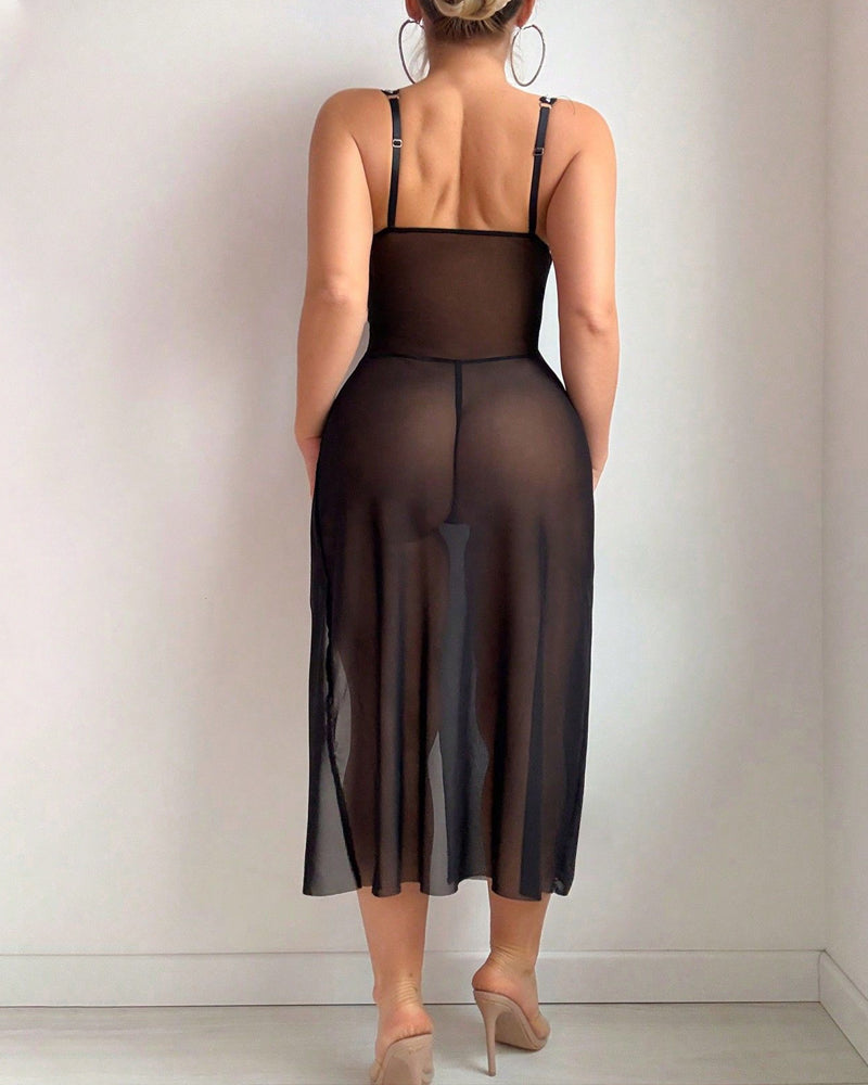 Lace Mesh Sheer High-slit Waist-shaping Long Nightgown