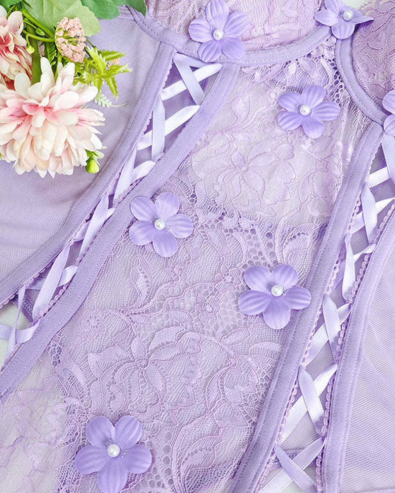 Floral Lace Sheer Cutout Strappy Bodysuit Lingerie