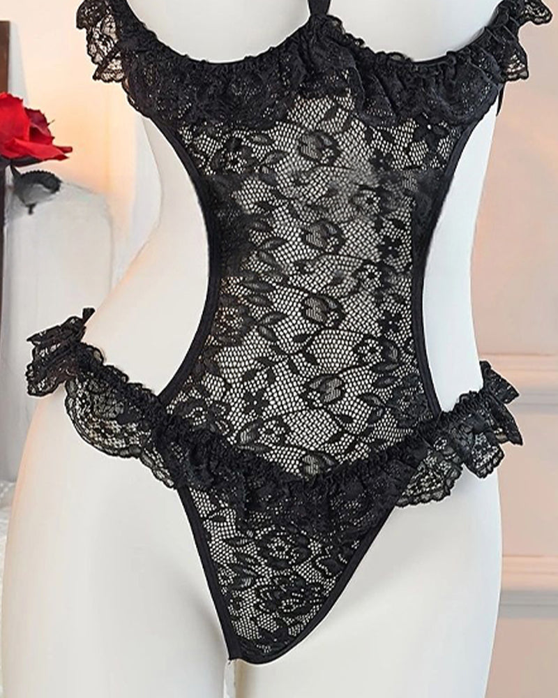 Halter Neck Floral Lace See-through Cutout Bust Bodysuit Lingerie