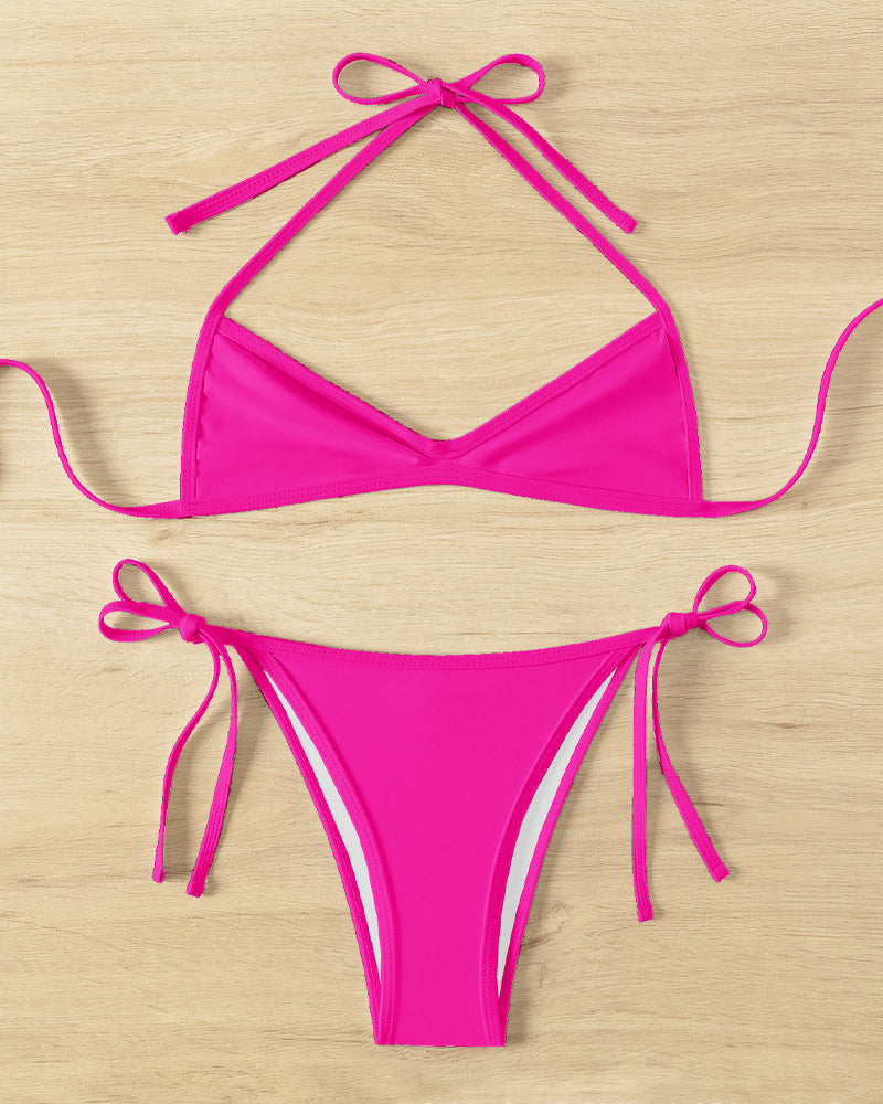 Solid Color Halter Neck Mini Pleated Beach Bikini