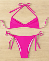 Solid Color Halter Neck Mini Pleated Beach Bikini