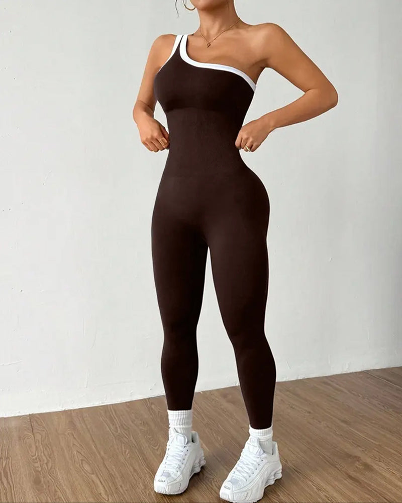 Women's One-Shoulder Knitted Sleeveless Slimming and Buttock-Lifting Sports Yoga Jumpsuit