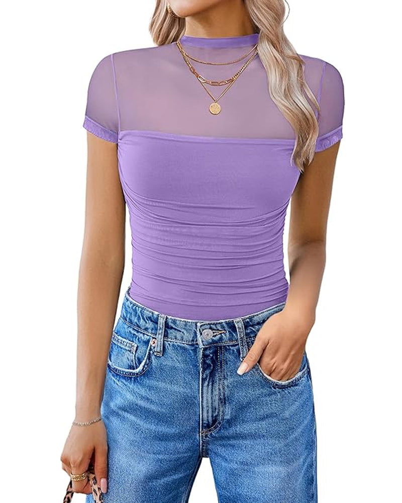 Women's High-Neck Sheer Mesh Panel Seamless Short Sleeve Bodysuit