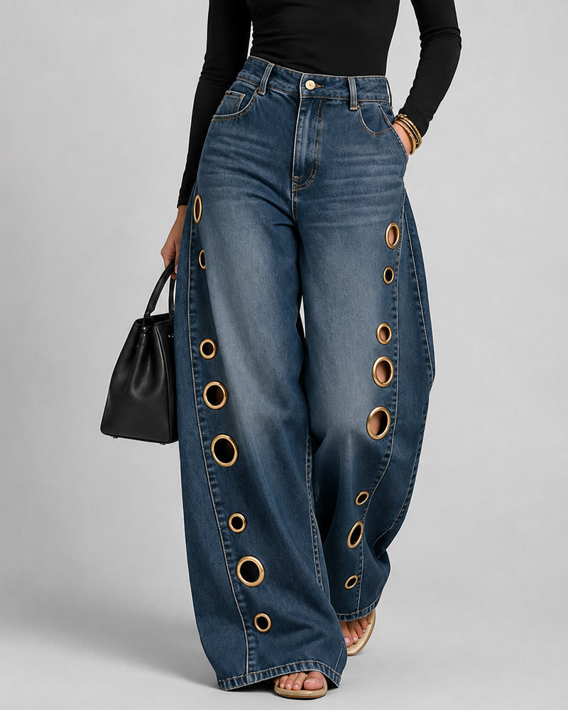 Casual Loose Metal Perforations High Waist Wide-leg Washed Jeans