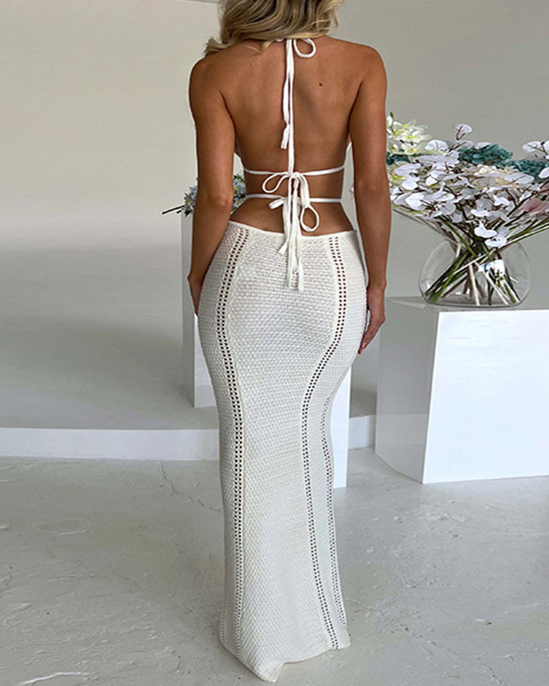 Vacation Halter-neck Knitted Strappy Deep V-neck Backless Long Beach Dress