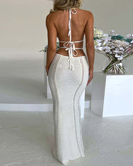 Vacation Halter-neck Knitted Strappy Deep V-neck Backless Long Beach Dress