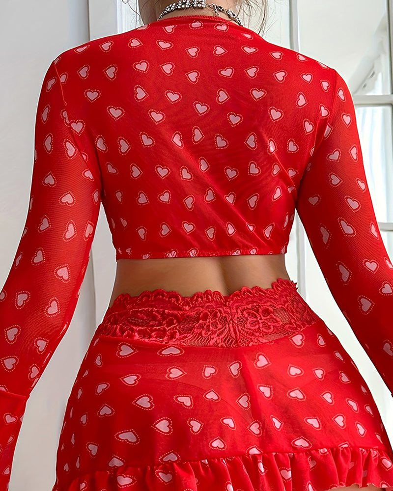 Heart-print Front-clasp Bra Long-sleeved Top and Skirt Lingerie Set
