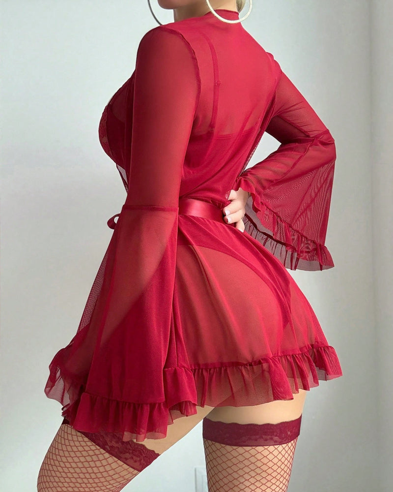 Lace Slip Dress Mesh See-through Tie-up Robe Loungewear Set