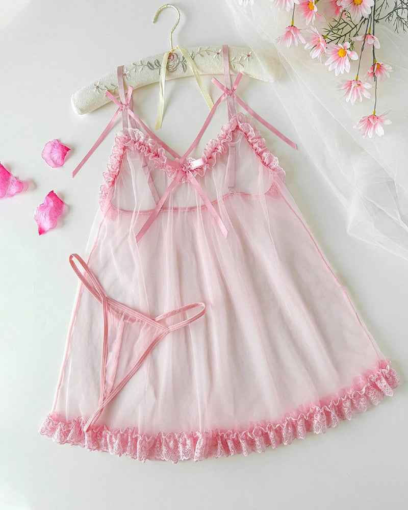 Lace Mesh See-through Slip Dress Lingerie Set