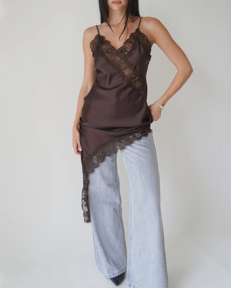 V-neck Ice Silk Lace Patchwork Asymmetrical Casual Suspender Mini Dress