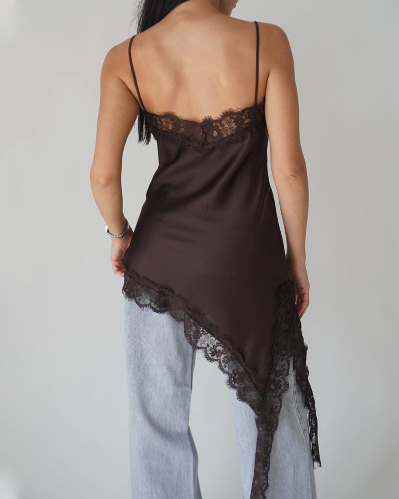V-neck Ice Silk Lace Patchwork Asymmetrical Casual Suspender Mini Dress