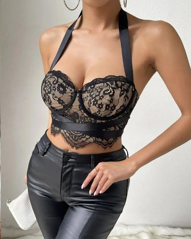 Lace Eyelash Trim Underwire Halter Neck Backless Crop Top