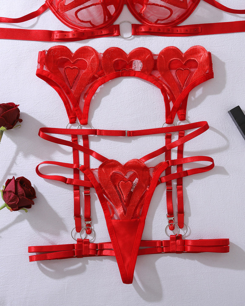 See-through Heart Embroidery Push-up Lingerie Set