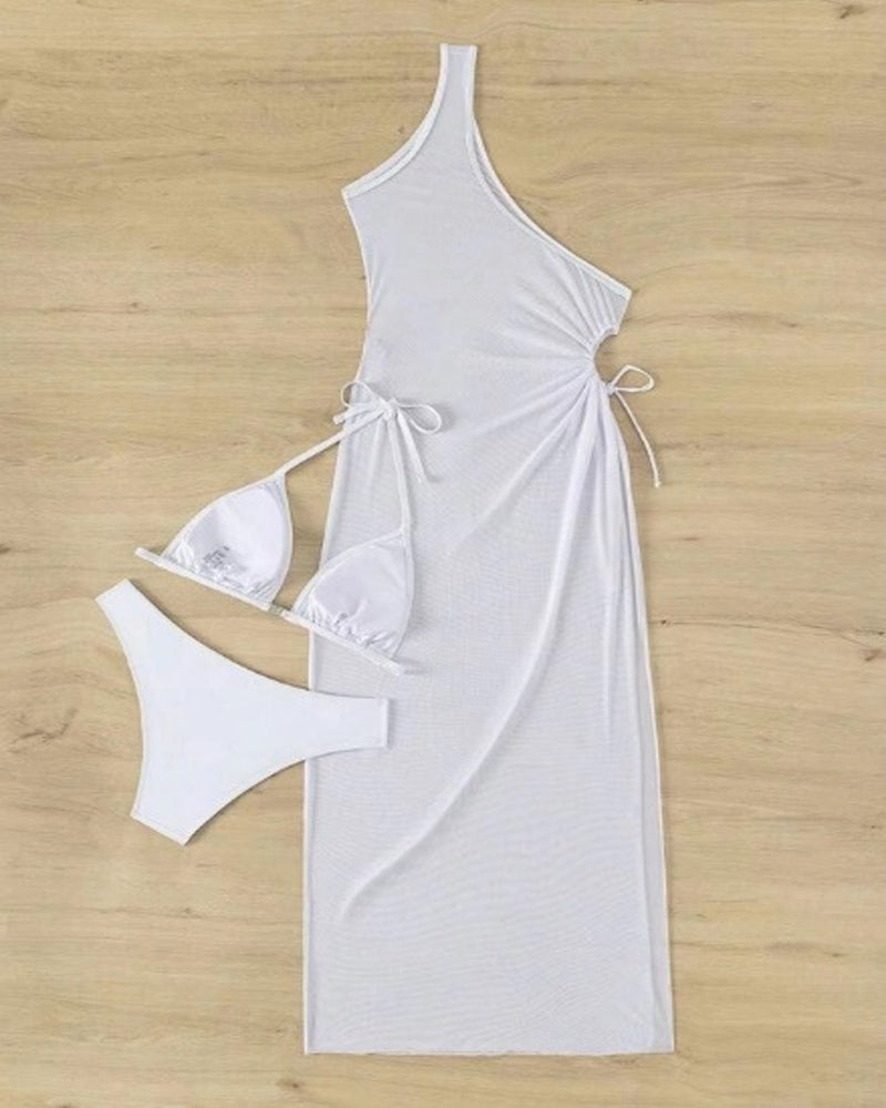Solid Color Halter Bikini and One-shoulder Long Cover-up Set