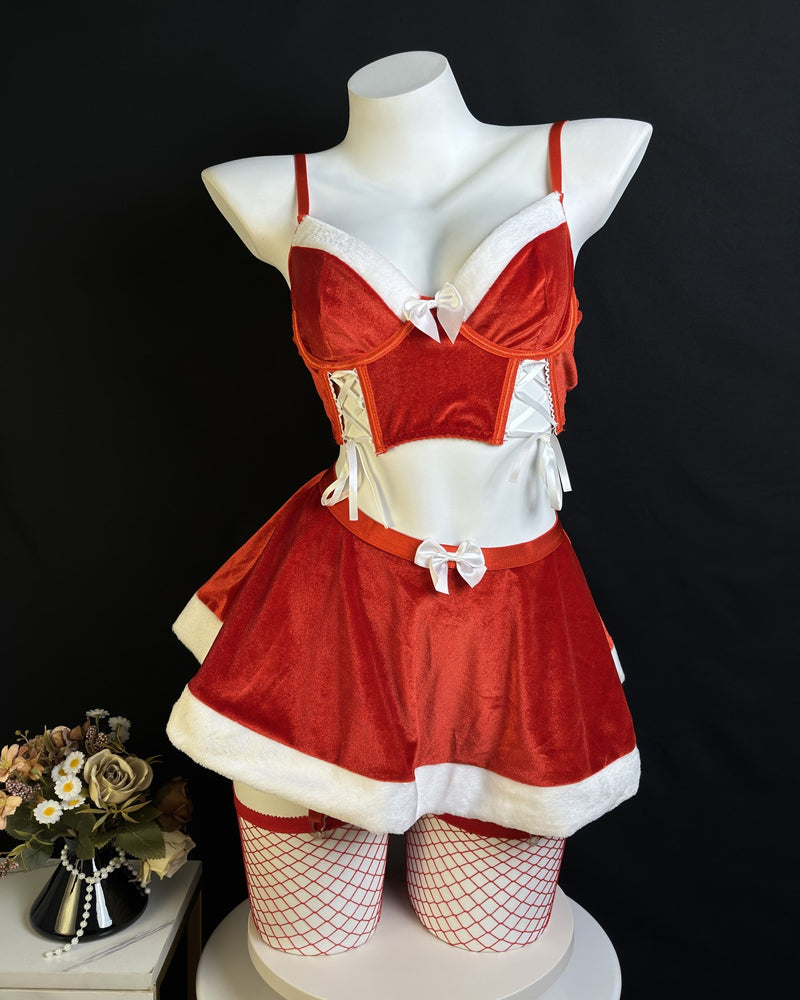 Christmas Bow-Tie Velvet Uniform With Fishnet Stockings Set