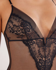 Black Floral Lace Mesh See-through Deep V Bodysuit