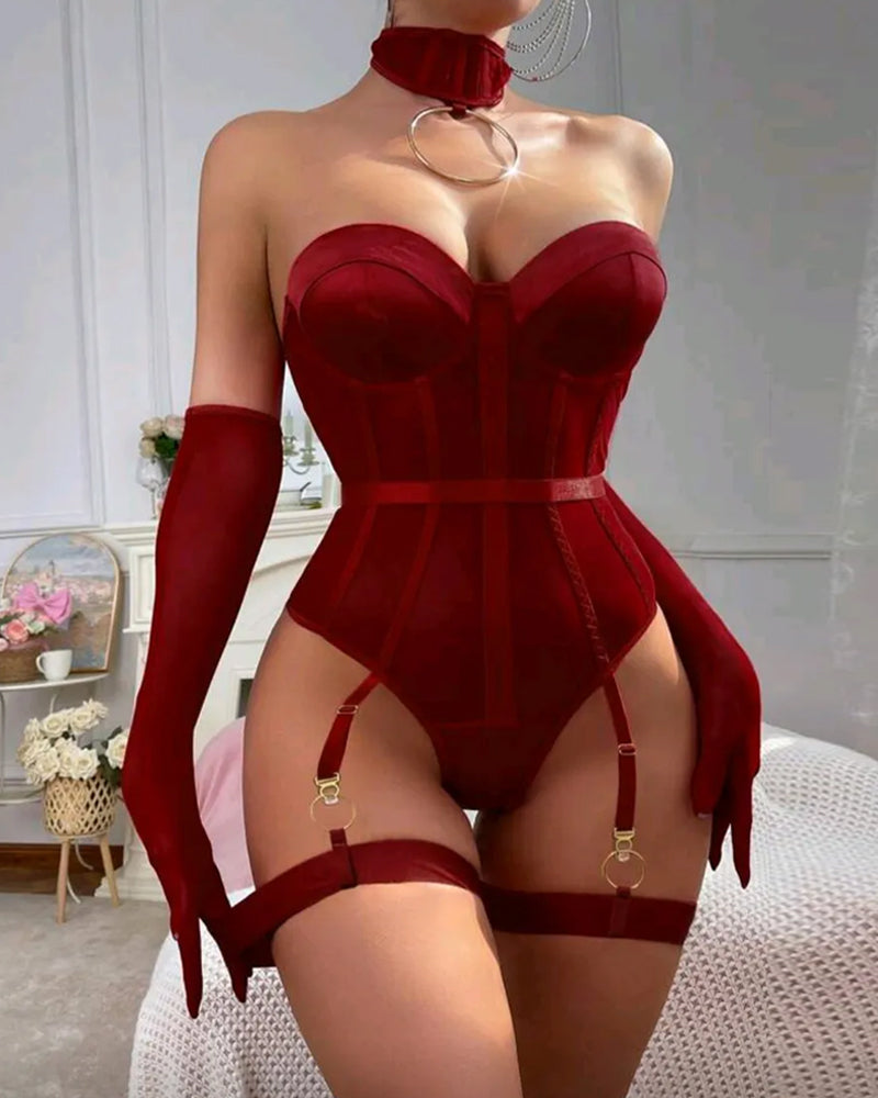 Strapless See-through Mesh Patchwork Bodysuit Lingerie