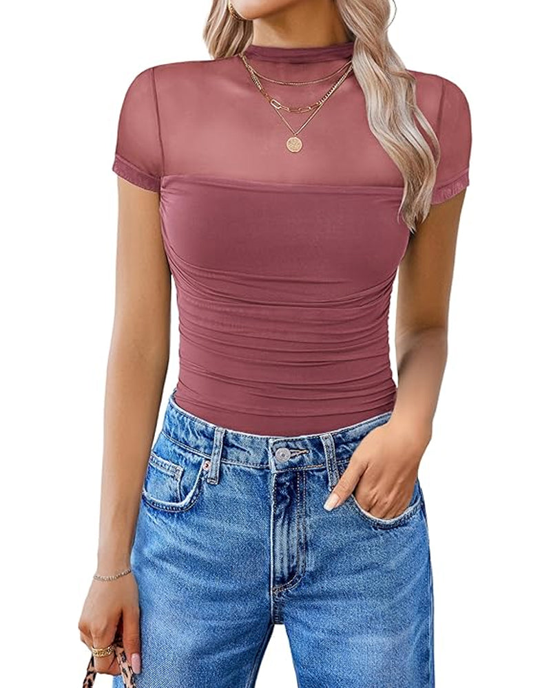 Women's High-Neck Sheer Mesh Panel Seamless Short Sleeve Bodysuit