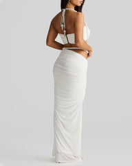 Pearl-embellished Cropped Tube Top Low-waisted Bodycon Maxi Skirt Suit