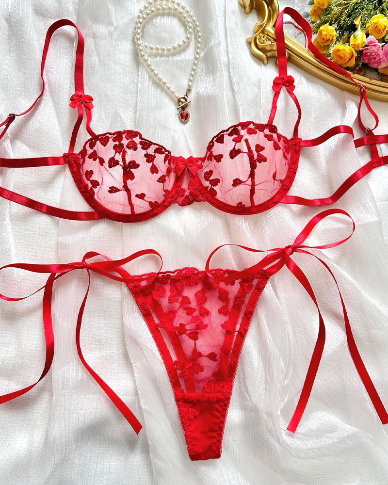 Sheer Mesh Heart-shaped Embroidery Underwire Lingerie Set
