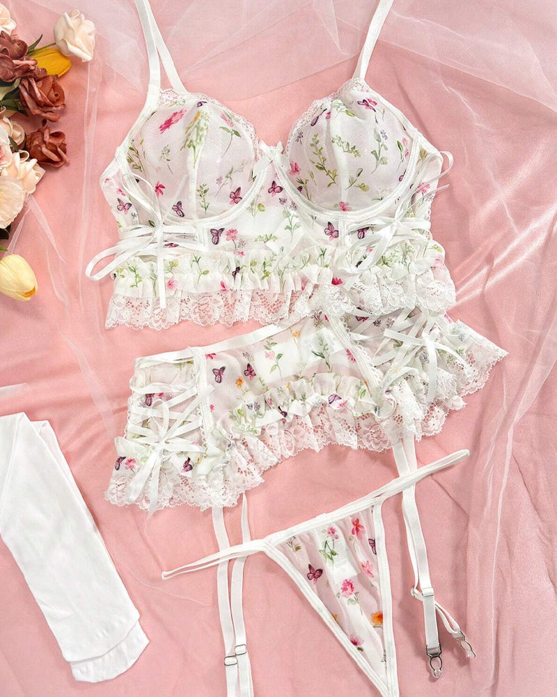 Floral Print Lace See-through Mesh Lingerie Set with Stockings