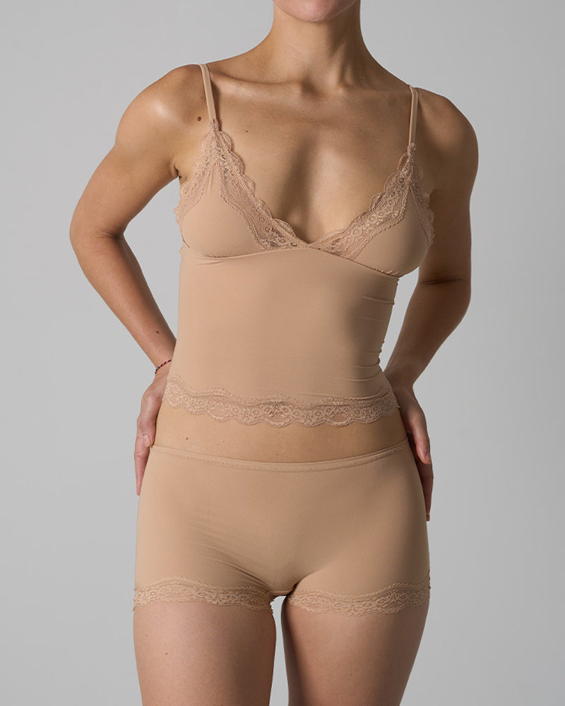 Skin-friendly Lace Trim V-neck Camisole and Boyshorts Underwear Set