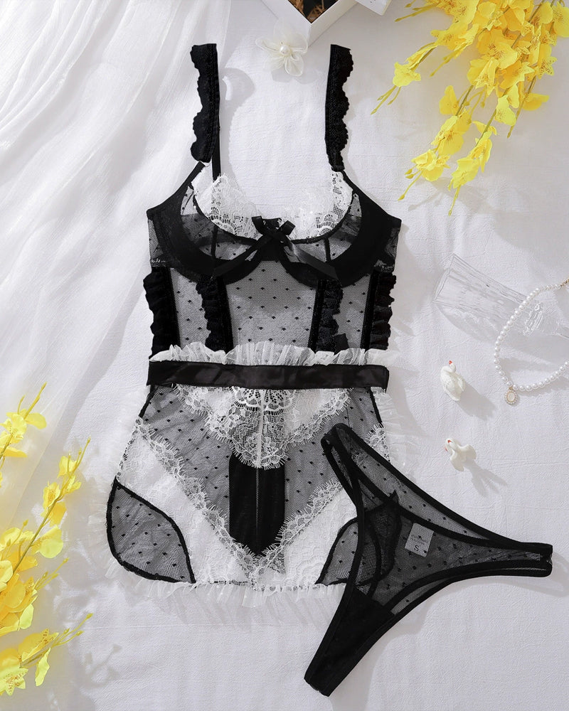 Colorblock Lace See-through Mesh Hollow-out Backless Underwire Lingerie Set